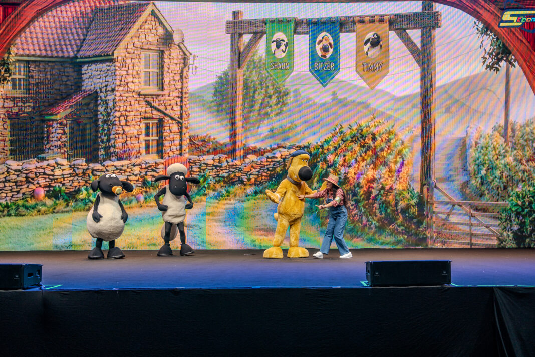 Shaun the Sheep character appears on stage at Exhibition World Bahrain.